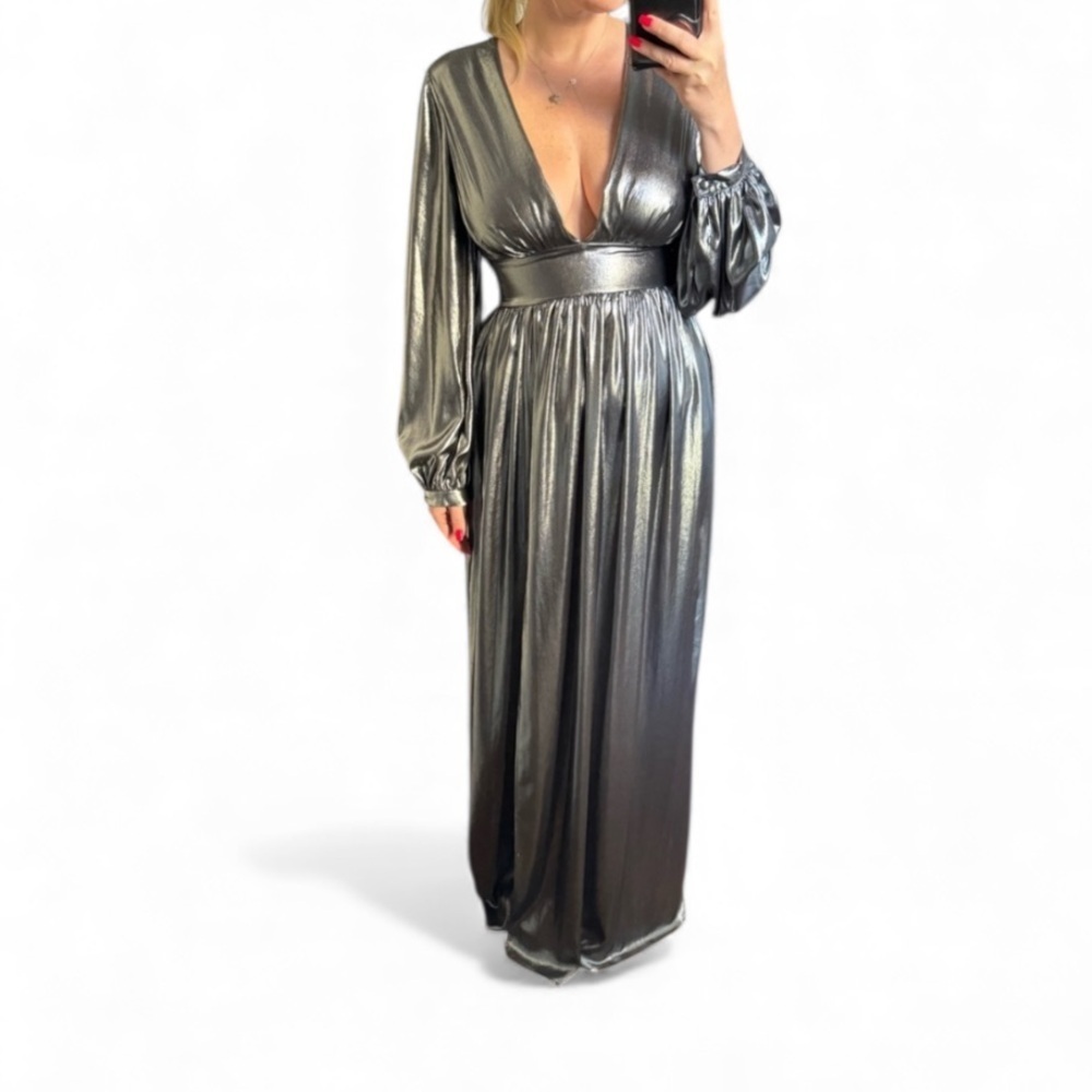 NEW Gianni Bini Zella Metallic Lame Plunging V-Back Front Slit Gown Maxi Dress - Picture 16 of 16